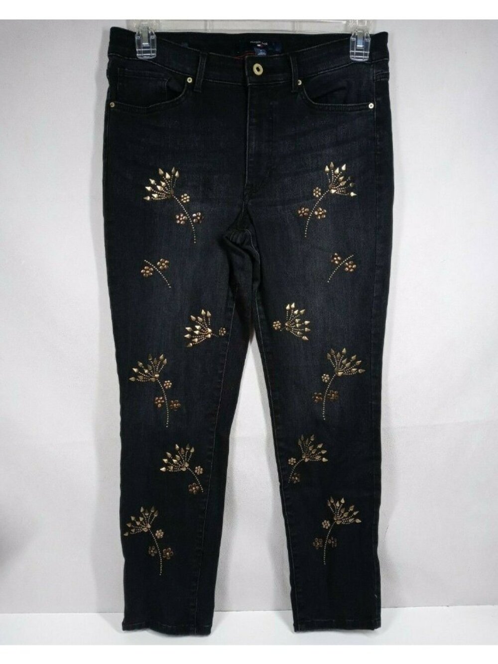 Vintage Hilfiger Jeans Tribeca Skinny Midnight Black W/ Gold Beaded Floral Sz 10